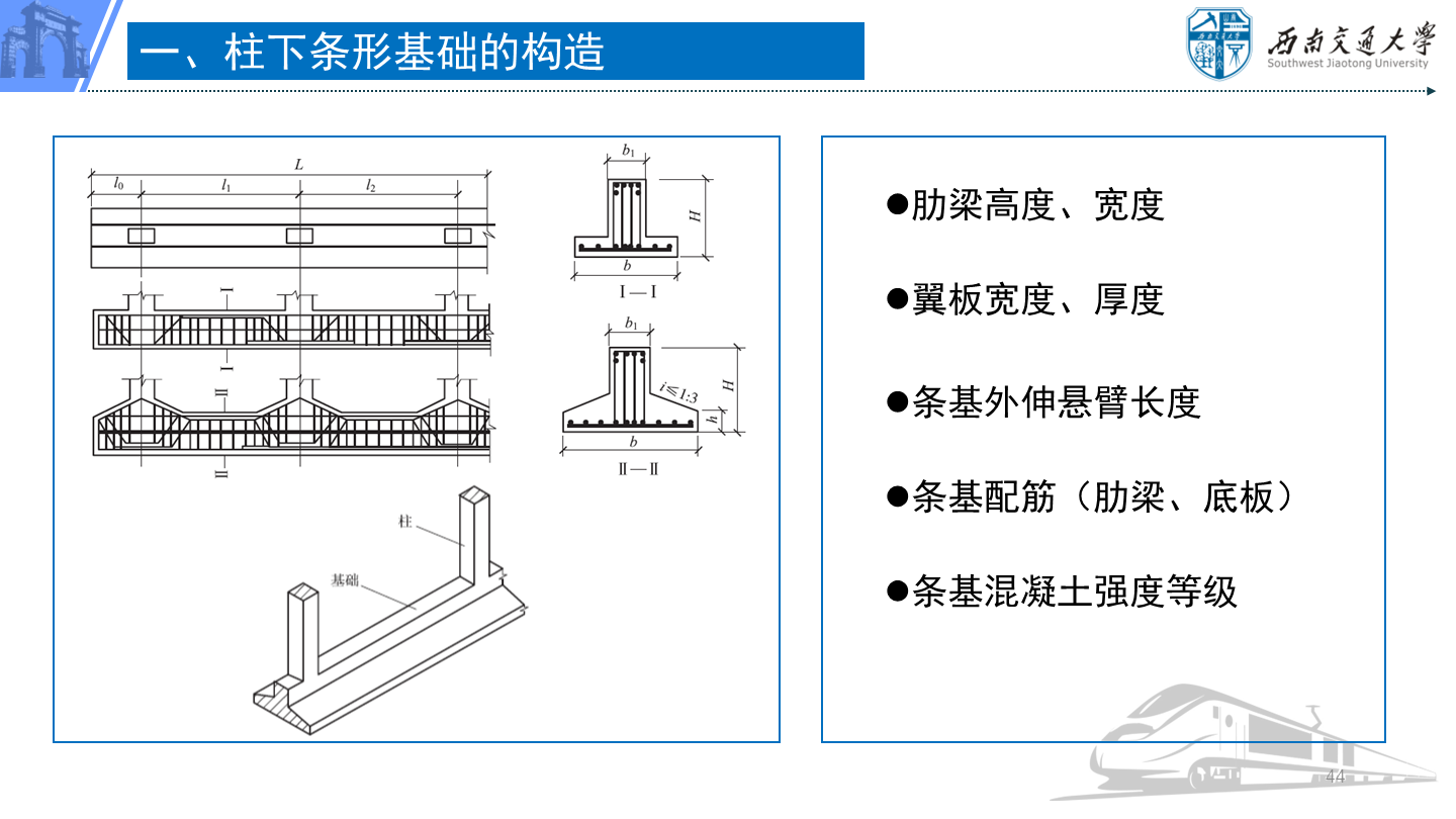 PPT 第44页：一、柱下条形基础的构造 翼板宽度、厚度 肋梁高度、宽度 条基外伸悬臂长度 条基配筋（肋梁、…
