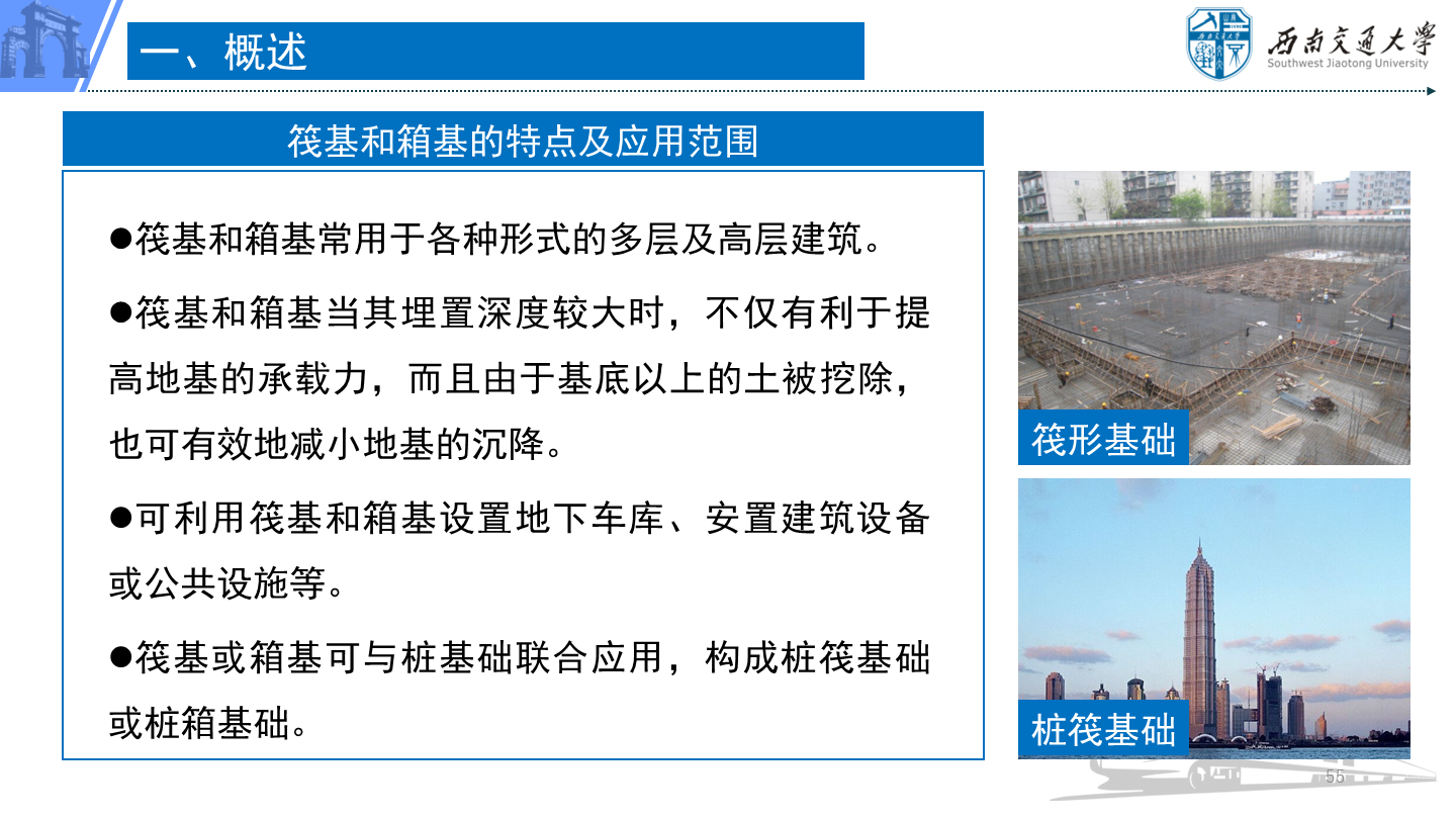 PPT 第55页：一、概述 筏基和箱基常用于各种形式的多层及高层建筑。 筏基和箱基当其埋置深度较大时，不仅有…