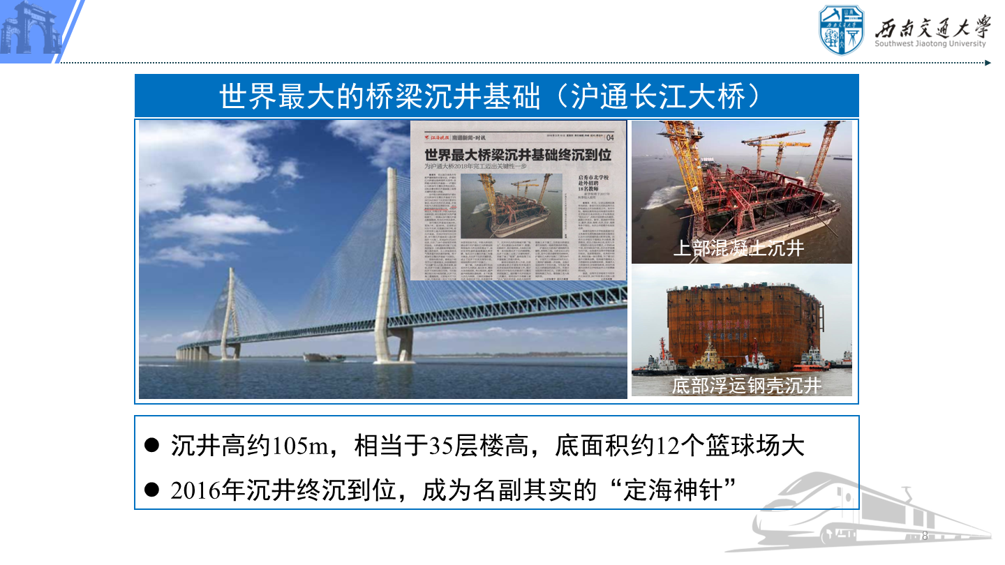 PPT 第8页：世界最大的桥梁沉井基础（沪通长江大桥） 沉井高约105m，相当于35层楼高，底面积约12个…